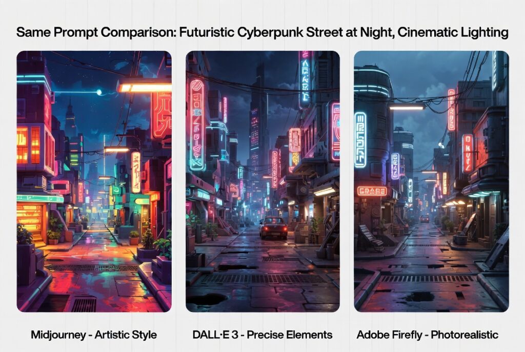 Side-by-side comparison of the best AI image generators 2026 showing same prompt results in Midjourney, DALL·E 3, and Adobe Firefly