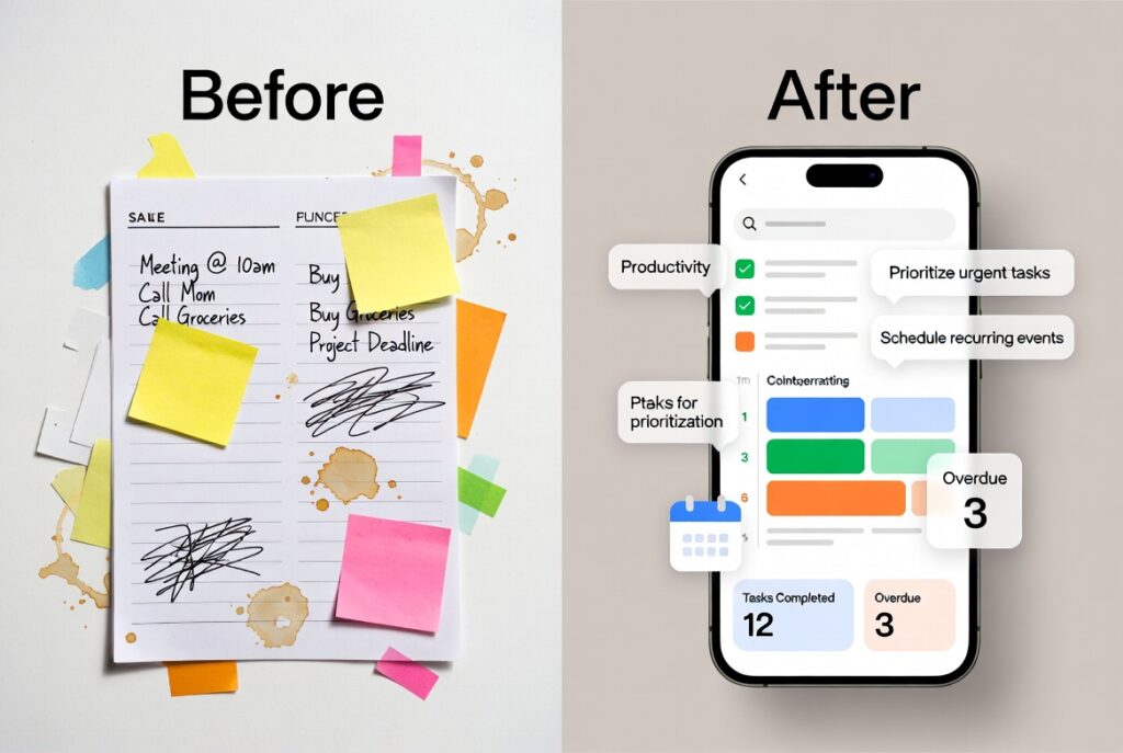 AI task manager app interface compared to traditional planning showing automated scheduling benefits