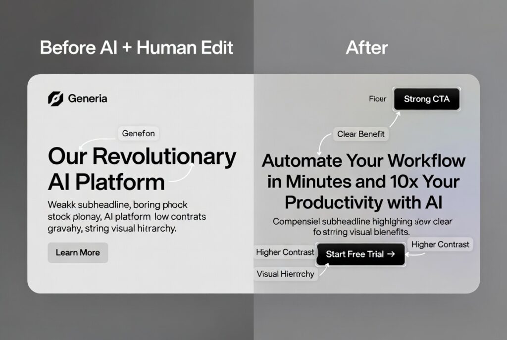 Before and after example of AI copywriting tools improving landing page hero section conversions