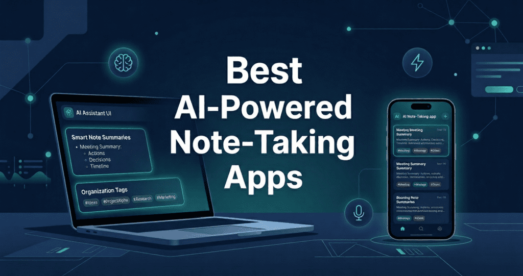AI-powered note-taking apps interface shown on smartphone and laptop screen