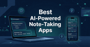 AI-powered note-taking apps interface shown on smartphone and laptop screen