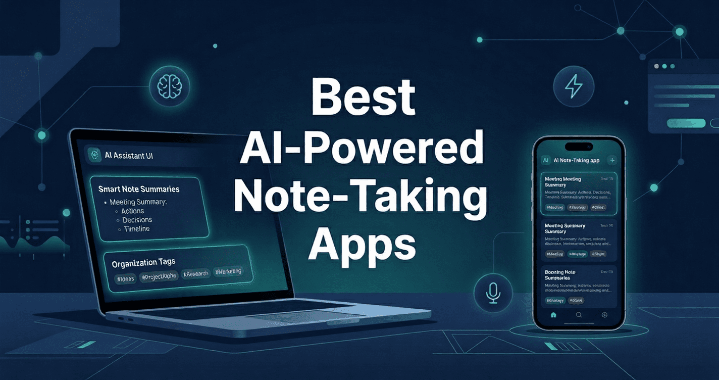 AI-powered note-taking apps interface shown on smartphone and laptop screen