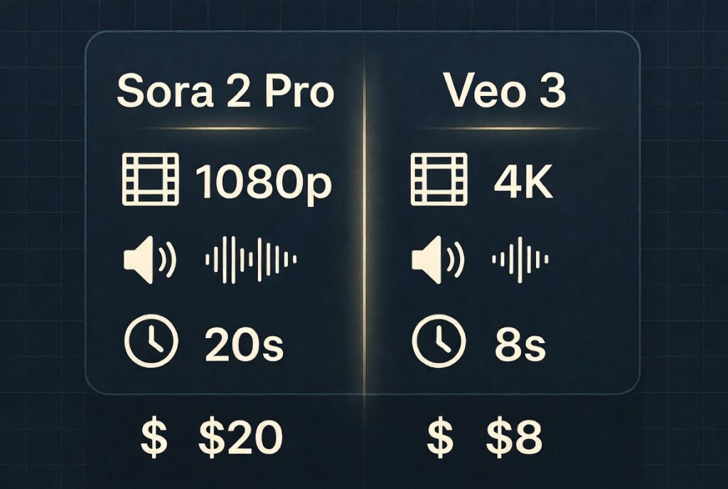 Sora 2 Pro vs Veo 3 feature comparison infographic showing resolution audio and pricing differences
