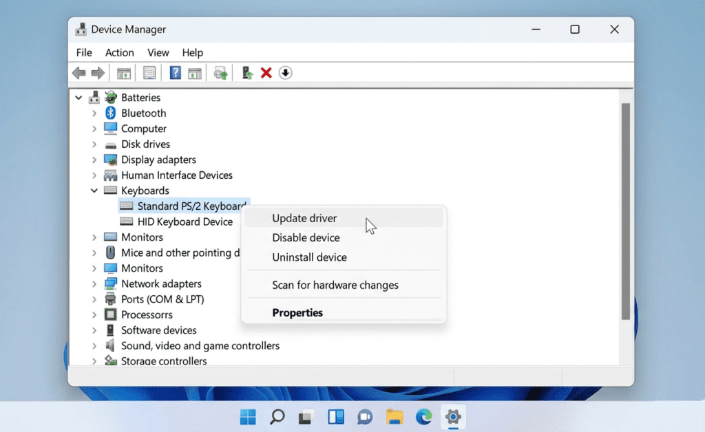 Windows 11 Device Manager showing keyboard driver update option to fix keyboard input delay