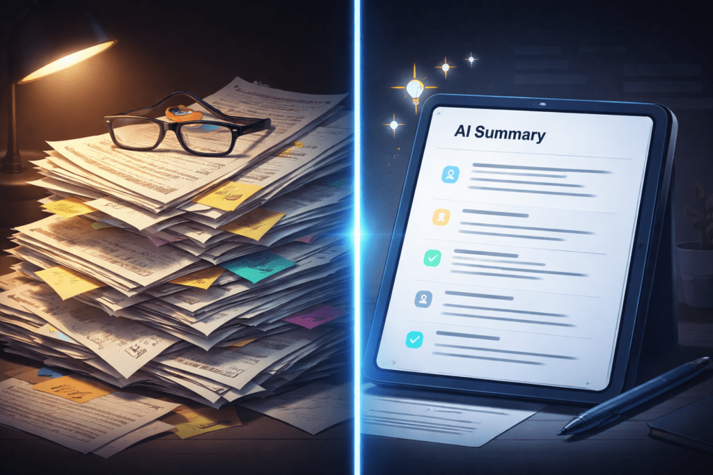 Split-screen digital illustration showing contrast between academic overwhelm and AI-assisted clarity.