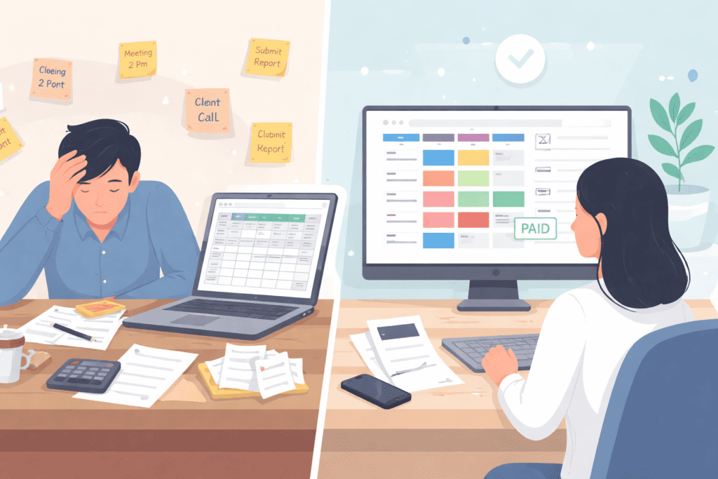 Time Tracking Tools for consultants' app dashboards compared to manual Excel spreadsheet