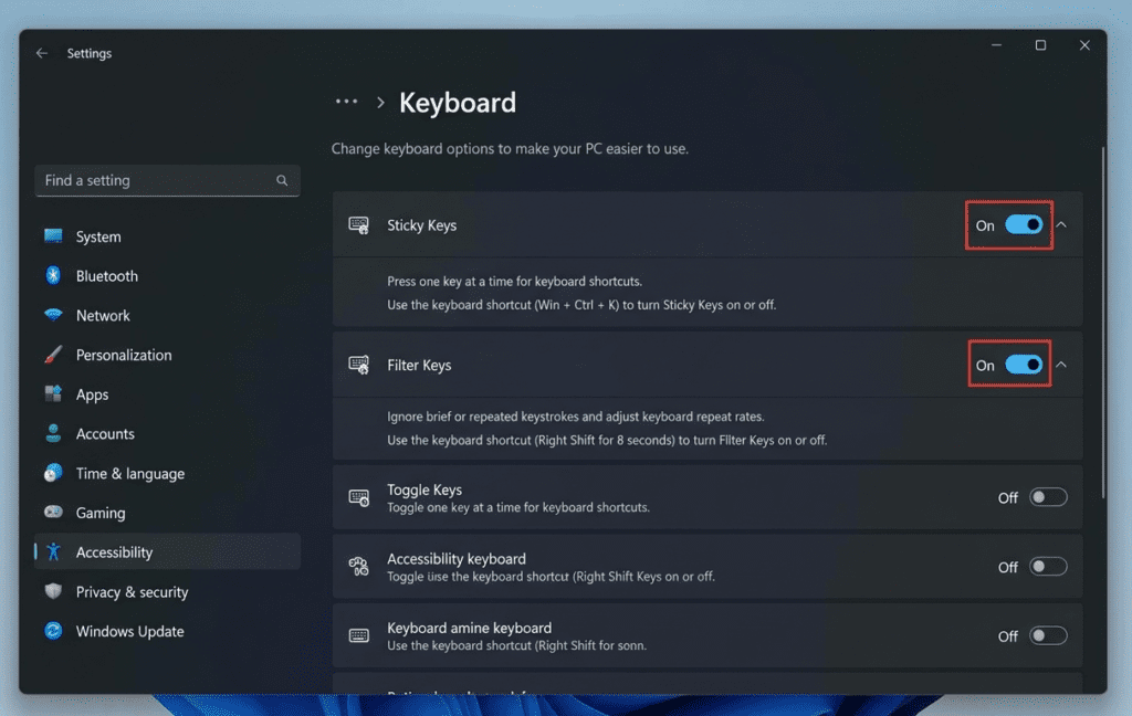 Windows 11 Accessibility keyboard settings showing Filter Keys and Sticky Keys options to fix keyboard input lag