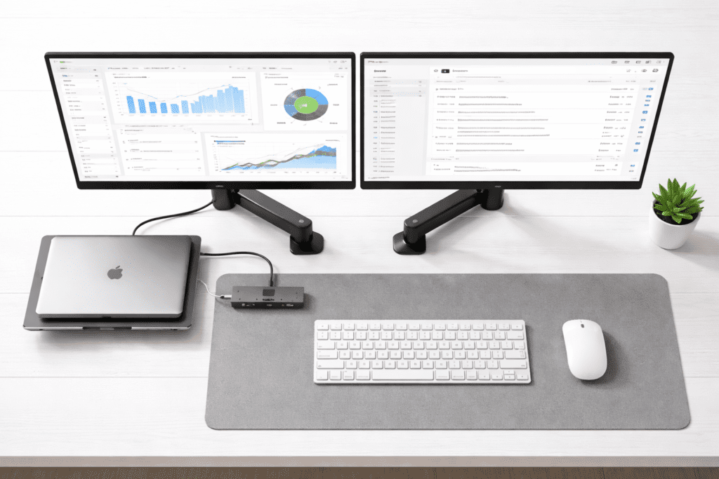 Dual monitor home work setup with laptop, keyboard, mouse, and clean desk, top-down view