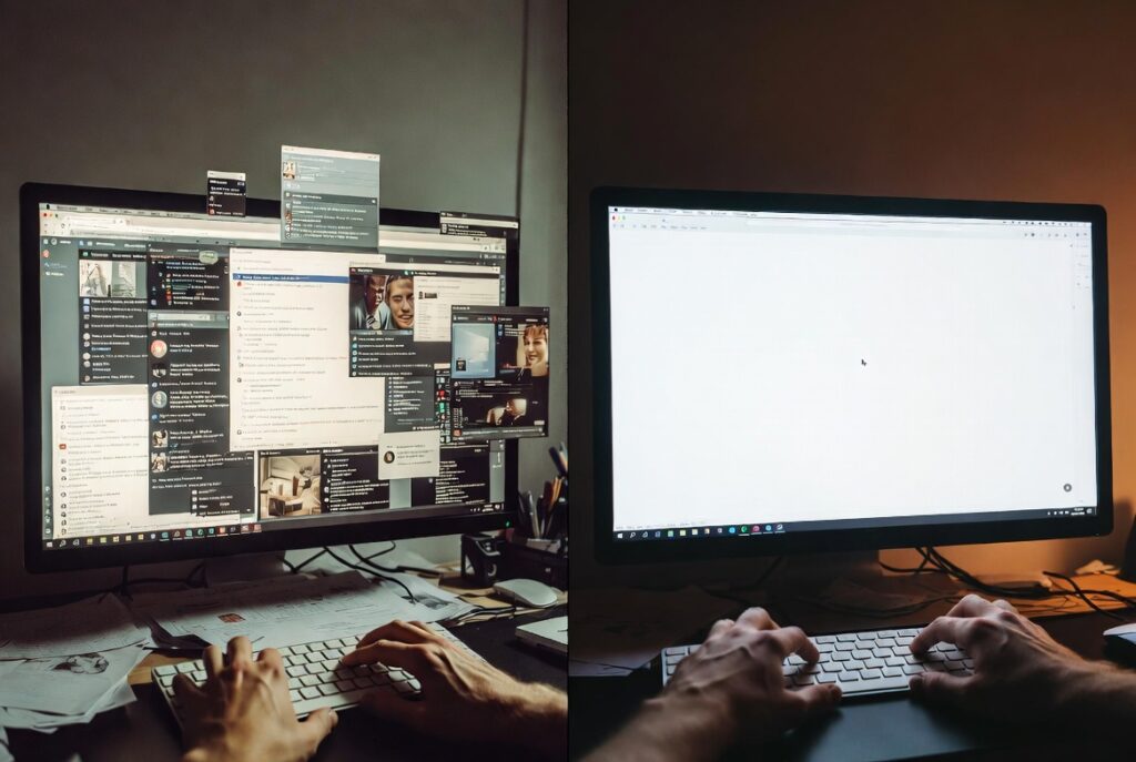 Comparison between a distraction-free writing software interface and a cluttered browser window full of notifications.
