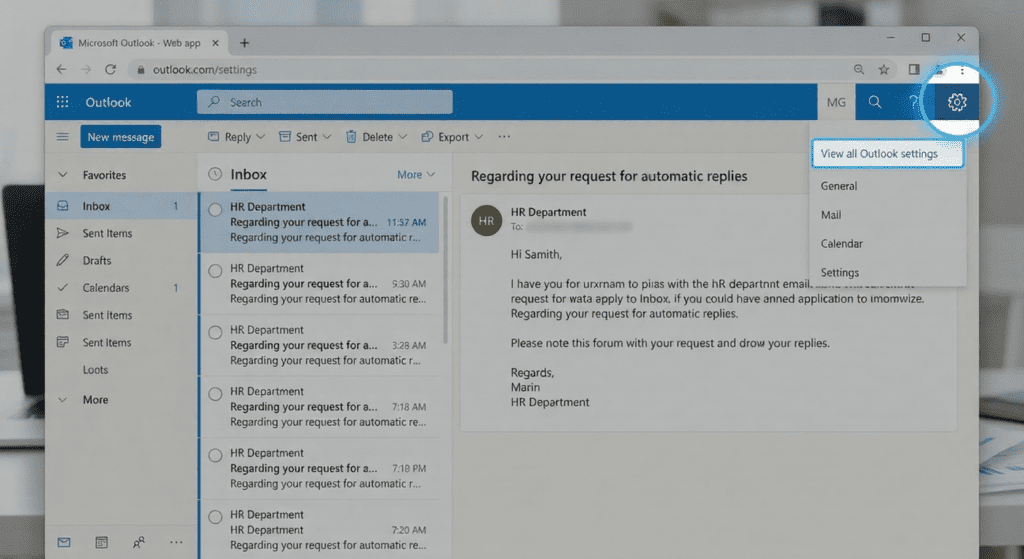 Outlook web app settings gear icon for accessing automatic replies