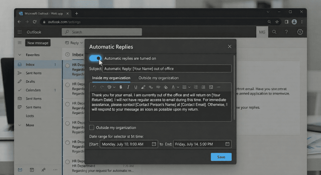  Outlook web automatic replies page with toggle enabled and message box for out of office text