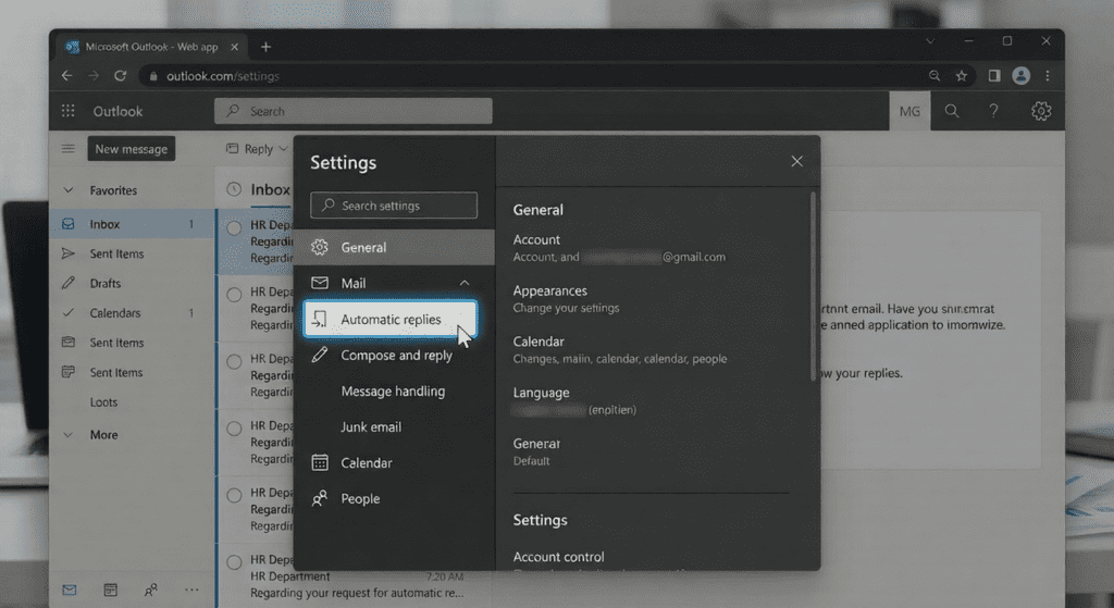  Outlook web settings panel showing automatic replies option