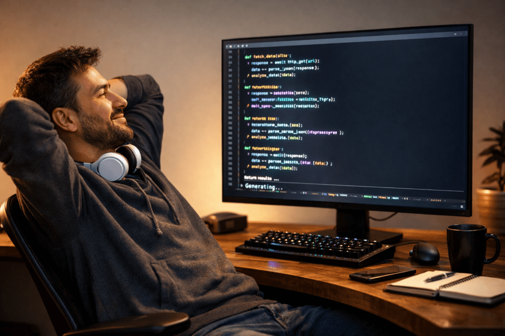Developer using Claude Code for vibe coding with autonomous AI generating code in terminal