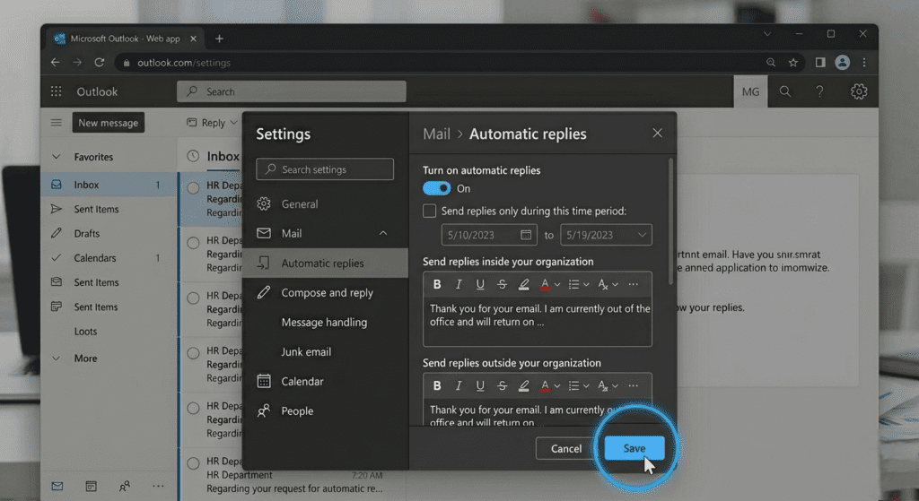 Save button for Outlook web out of office automatic reply settings