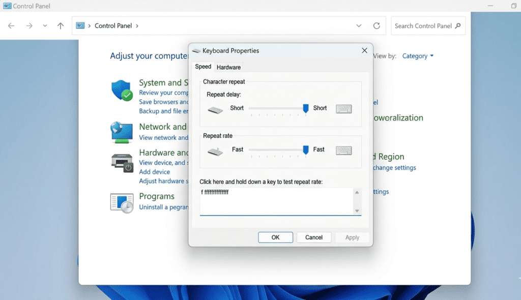 Windows 11 Control Panel keyboard properties speed tab showing repeat delay and repeat rate sliders for fixing keyboard lag
