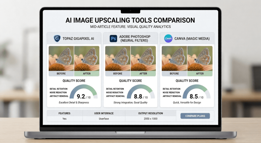 Comparison of the best free AI image upscaler tools, including Canva and Photoshop upscale image AI features