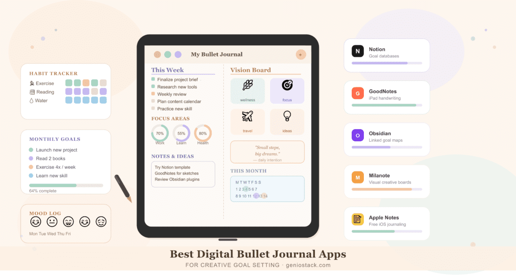  digital bullet journal app open to a creative goal-setting spread
