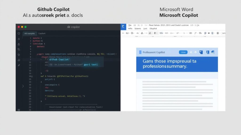 Side-by-side comparison of GitHub Copilot in VS Code versus Microsoft Copilot in Word — showing AI code suggestions versus AI document drafting