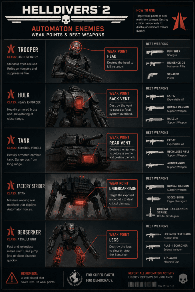Helldivers 2 Automaton weak points diagram showing Hulk back vent and other enemy vulnerabilities