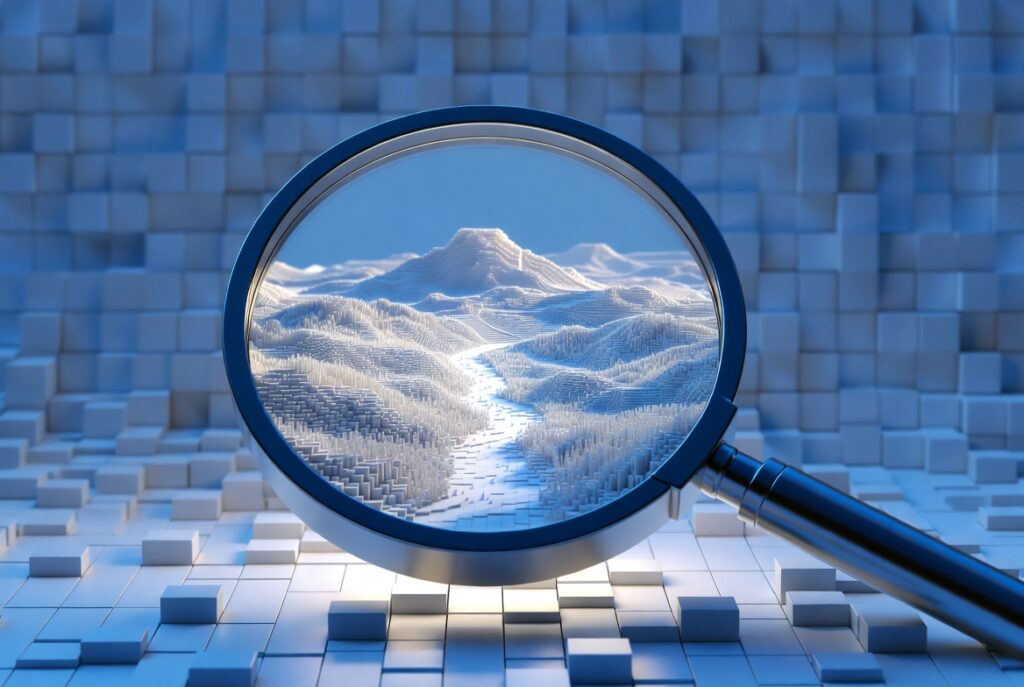 Conceptual 3D illustration showing a magnifying glass transforming pixels into high-resolution digital art.