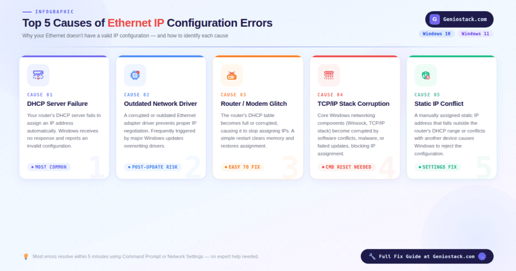 Common causes of Ethernet doesn't have a valid IP configuration error explained in infographic — covering DHCP failure, driver issues, router problems, TCP/IP corruption, and static IP conflicts on Windows