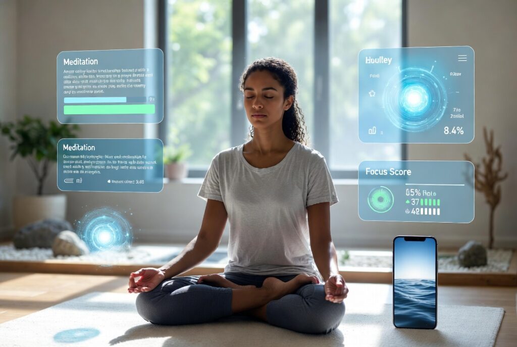 A young woman meditating in lotus pose with glowing AI interfaces.