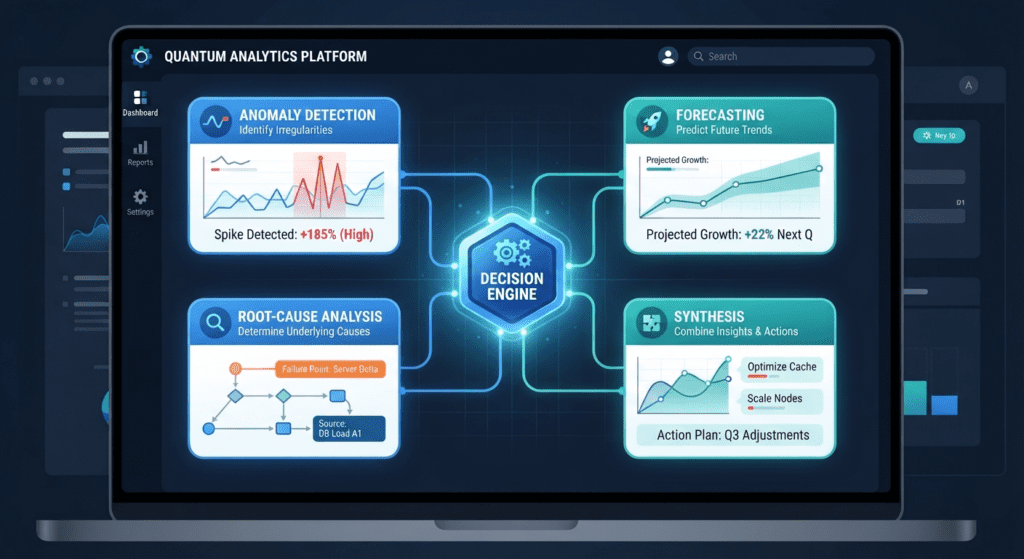 Dashboard mockup showing Polyphonic AI agents for anomaly detection, forecasting, and root-cause analysis feeding a central synthesis node