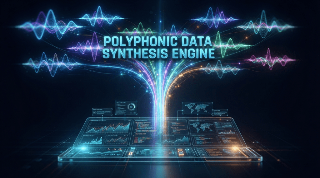 Abstract illustration of Polyphonic AI agents merging multiple data waveforms into one analytics stream