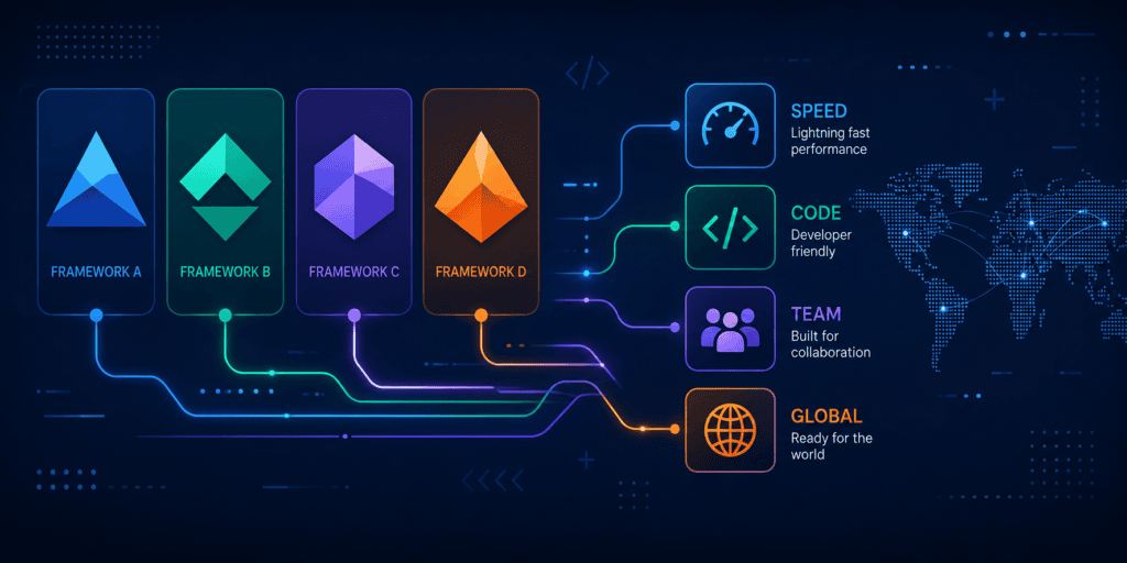 Comparison illustration of frontend frameworks showing performance, team, and global adoption data connections